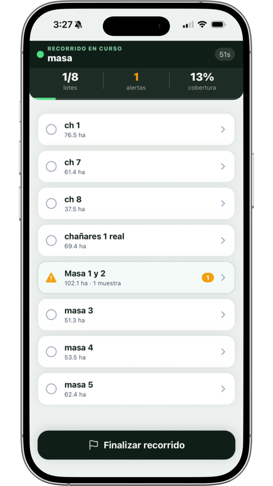 Recorrida activa en la app móvil de ScoutField