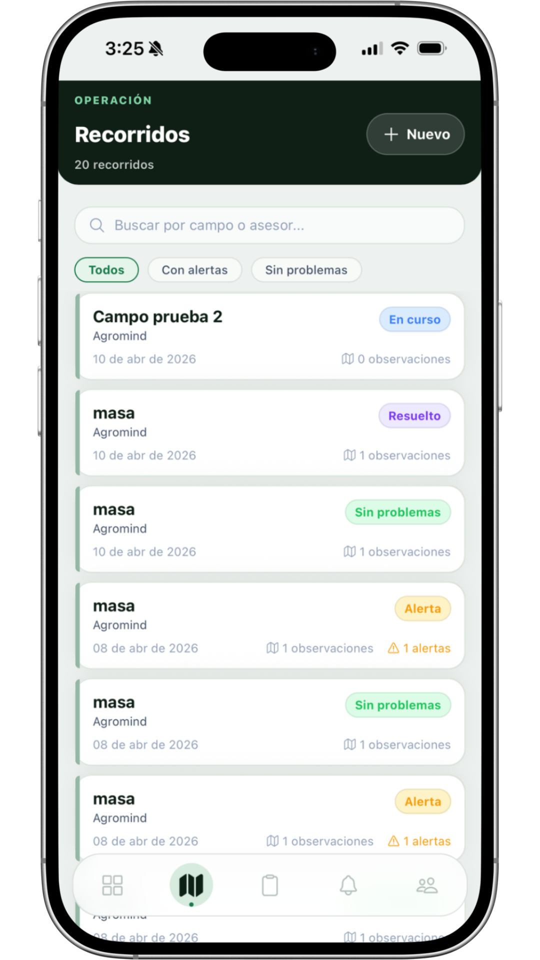 Recorrida activa en la app móvil de ScoutField