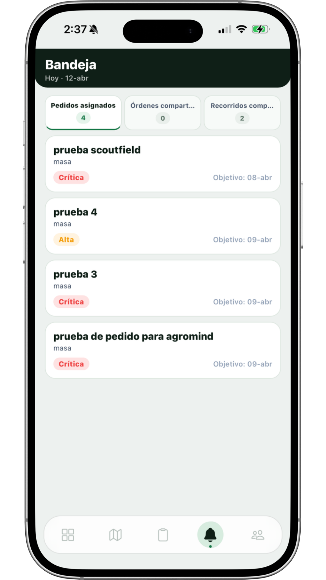 Bandeja del equipo en la app móvil de ScoutField