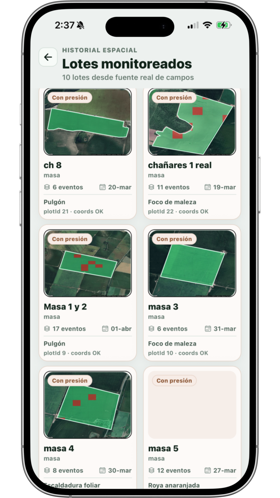 Historial sanitario de lote en la app móvil de ScoutField